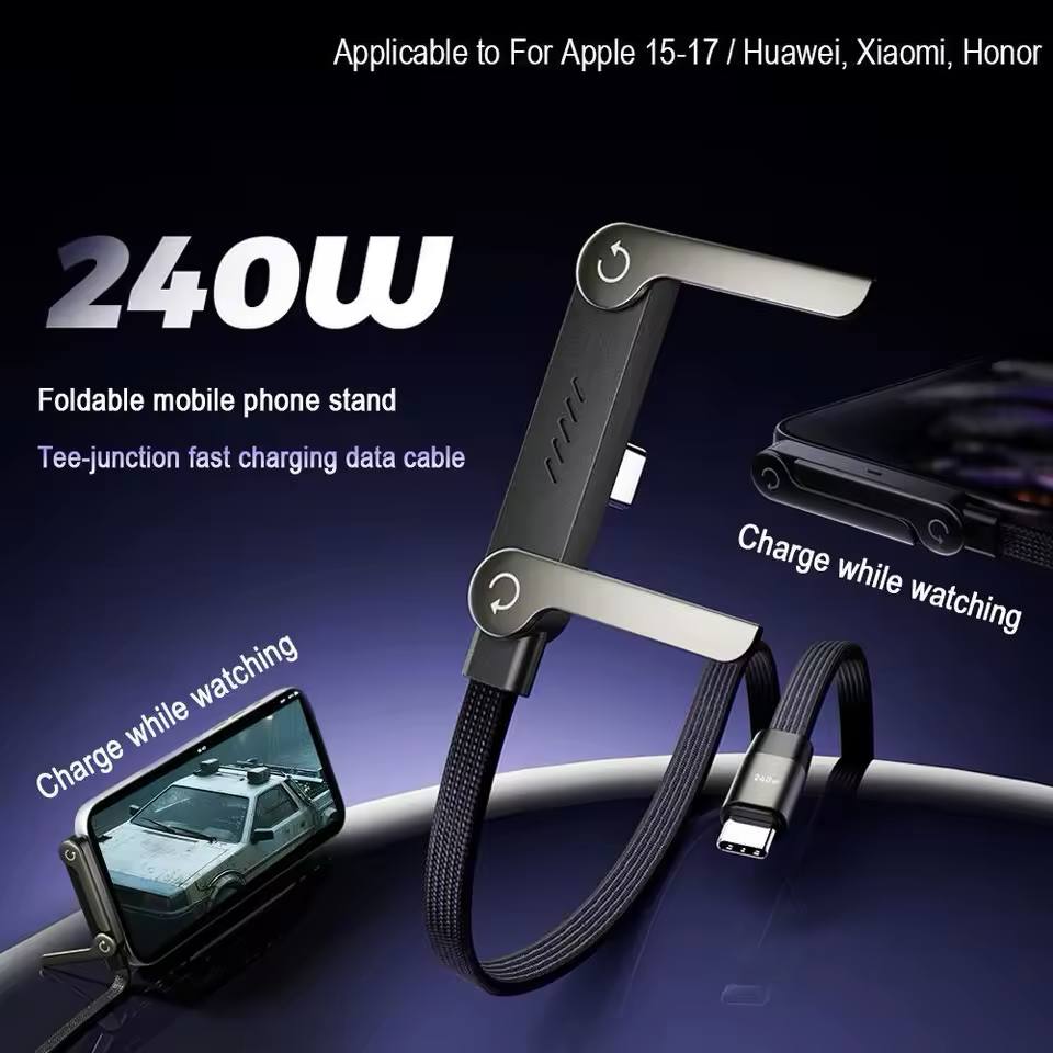 65/240W Fast Charging Foldable Bracket Data Cable 2-in-1 Braided Data Wire Folding Phone Holder Tablet Stand Rotation Adjustabl