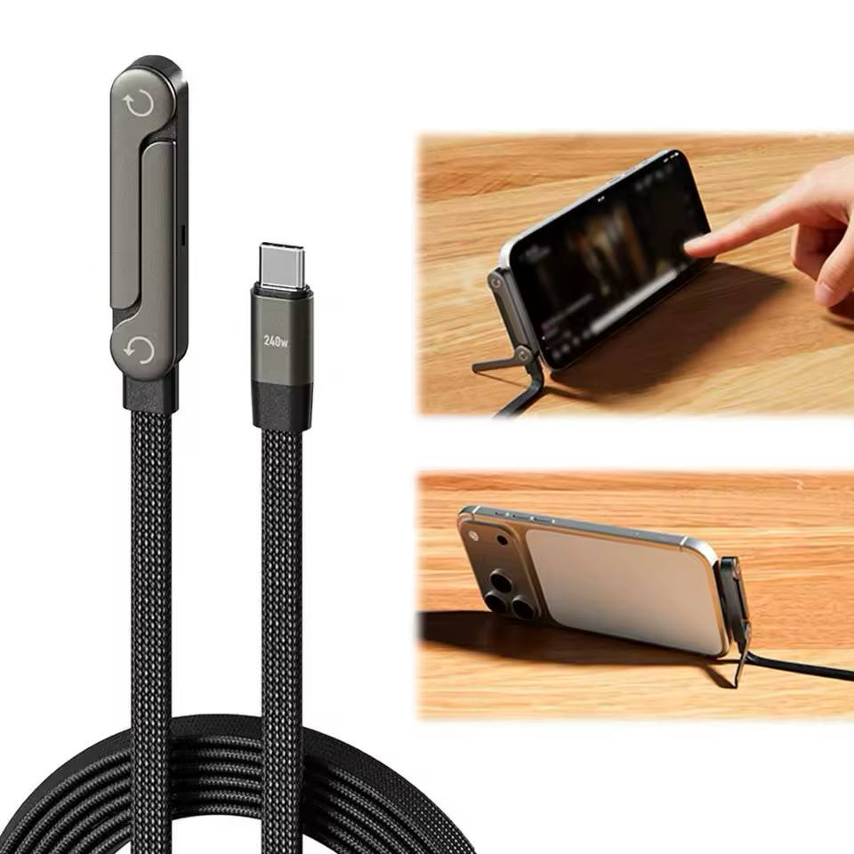 65/240W Fast Charging Foldable Bracket Data Cable 2-in-1 Braided Data Wire Folding Phone Holder Tablet Stand Rotation Adjustabl